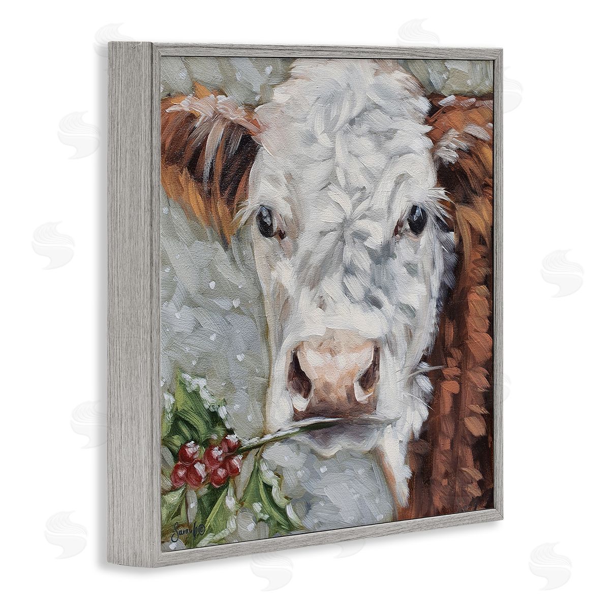 Sara G. Designs Snowy Winter Cow Holly Berries Gray Framed Glicee Wall Art Print