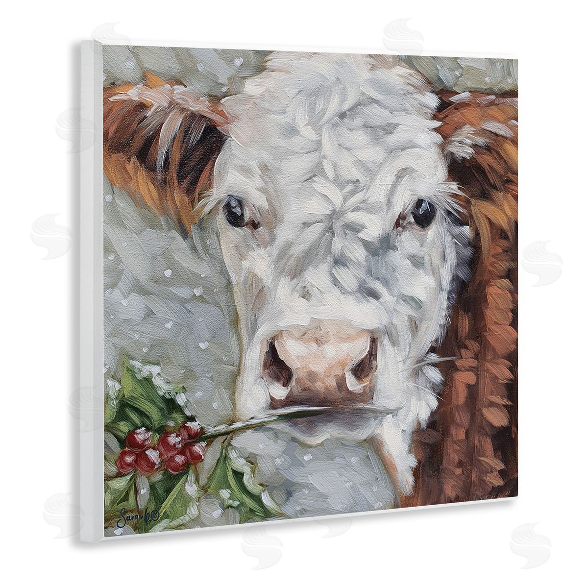 Sara G. Designs Snowy Winter Cow Holly Berries Wooden Wall Plaque Art Print