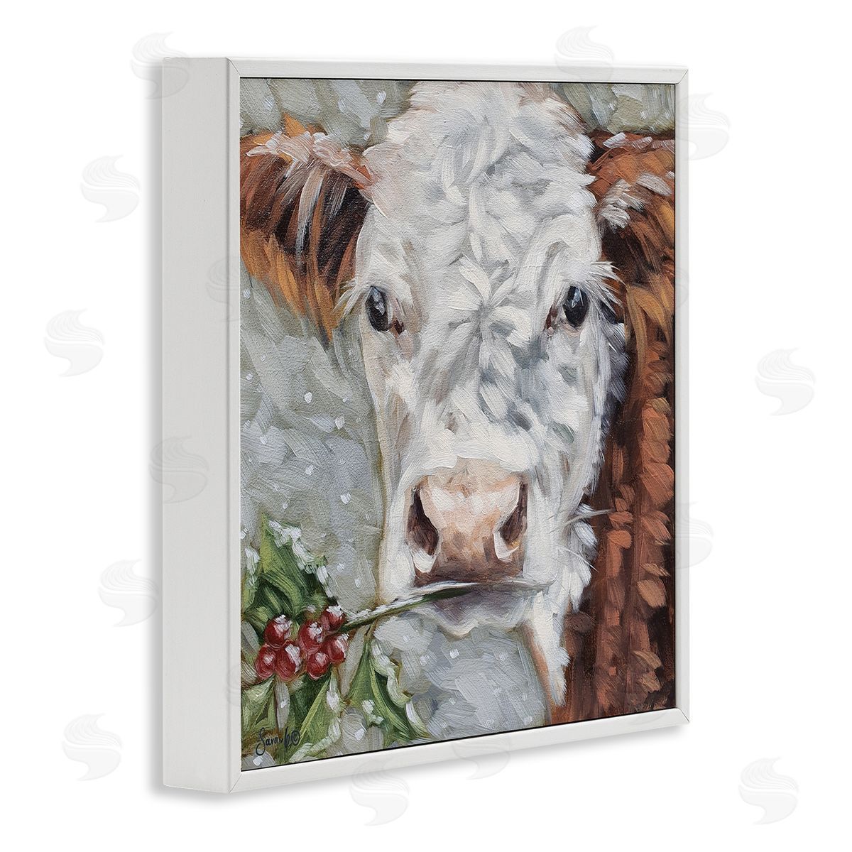 Sara G. Designs Snowy Winter Cow Holly Berries White Framed Glicee Wall Art Print