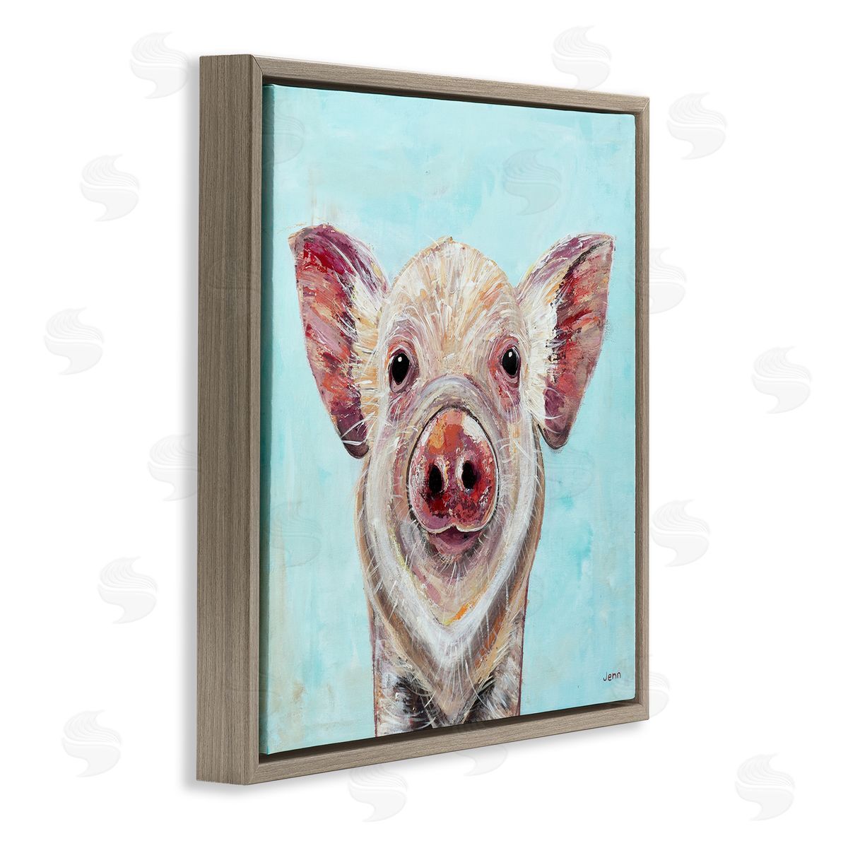 Jen Seeley Farmhouse Pig Blue Background Brown Floating Frame Canvas Wall Art Print