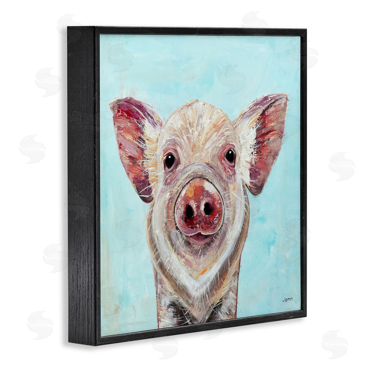 Jen Seeley Farmhouse Pig Blue Background Black Framed Glicee Wall Art Print