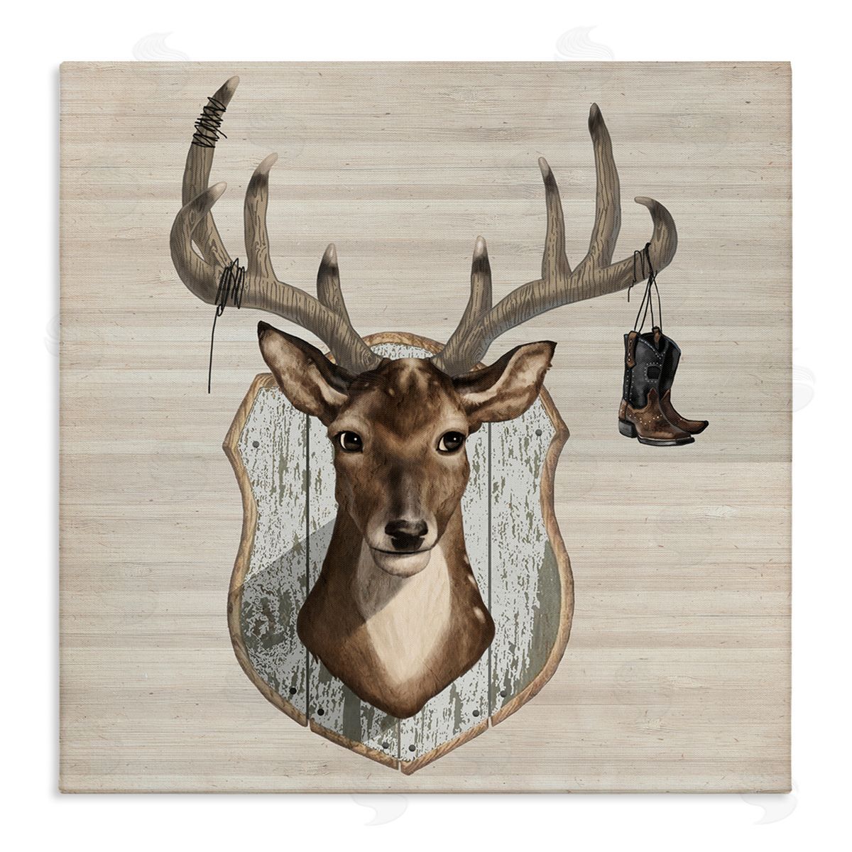 Lucca Sheppard Cowboy Boots Hanging Deer Antlers Stretched Canvas Wall Art Print