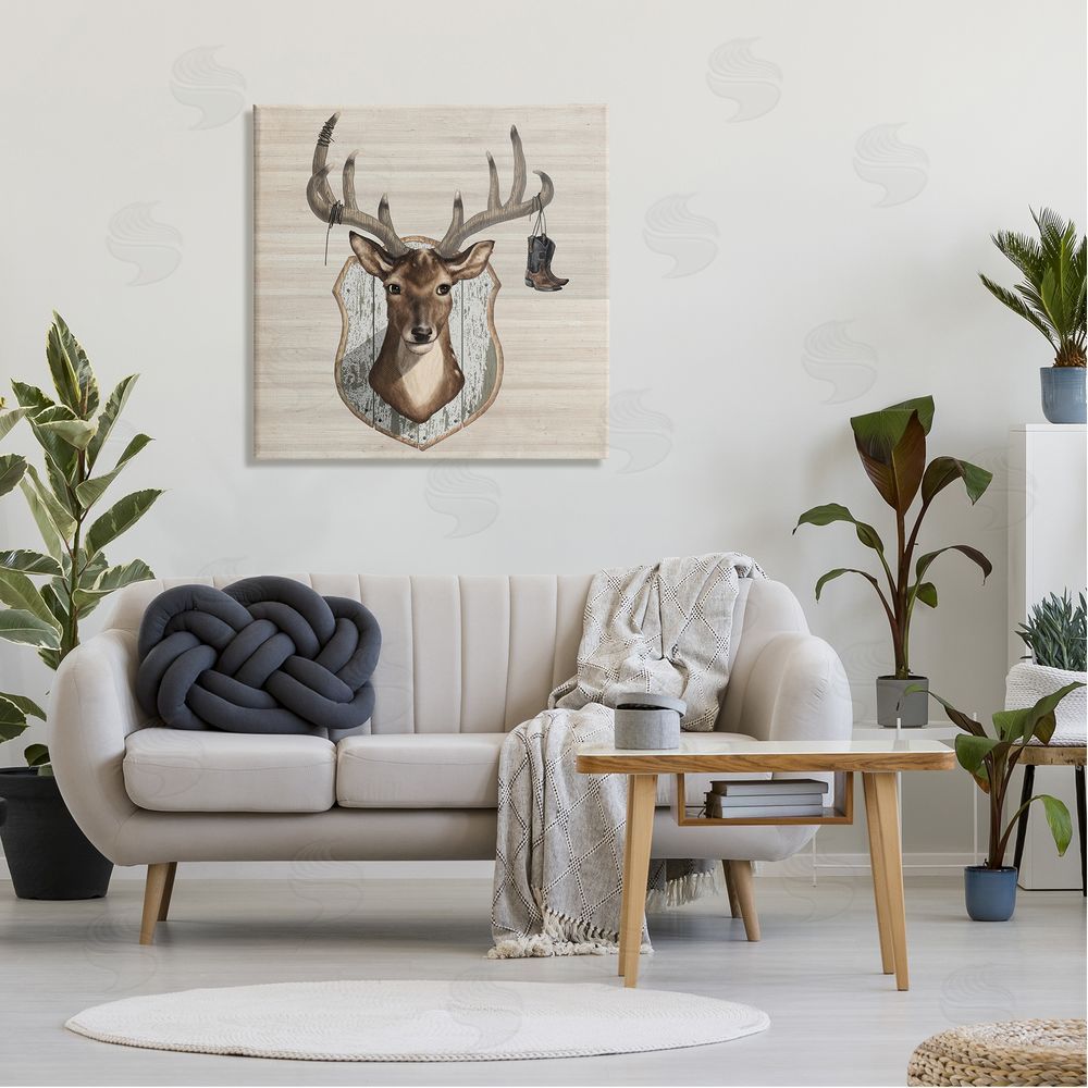 Lucca Sheppard Cowboy Boots Hanging Deer Antlers Canvas Wall Art in Room