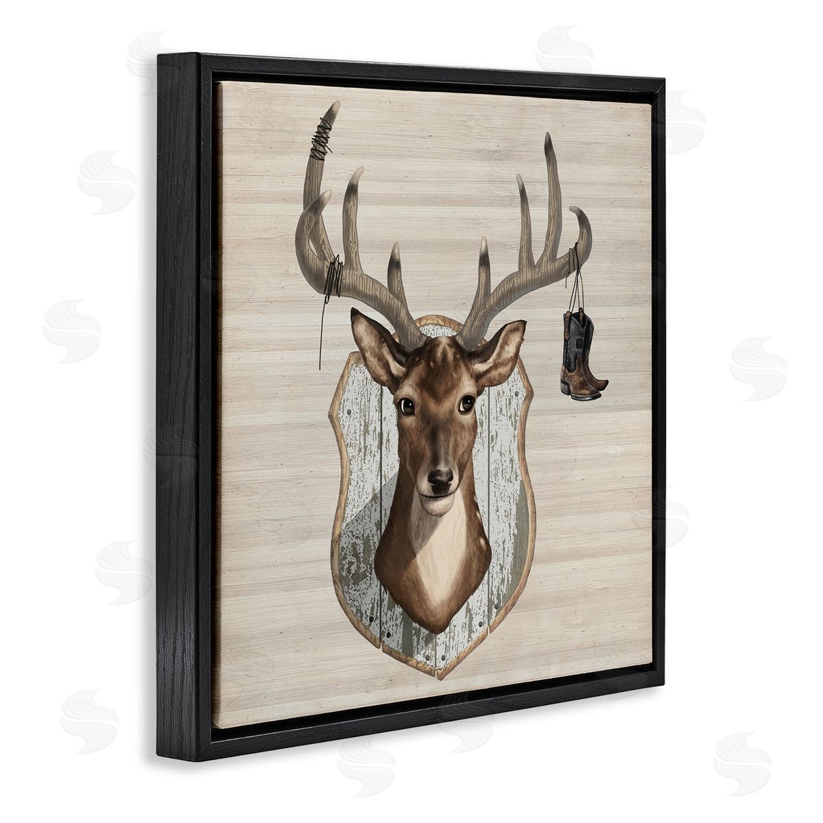 Lucca Sheppard Cowboy Boots Hanging Deer Antlers Black Floating Frame Canvas Wall Art Print