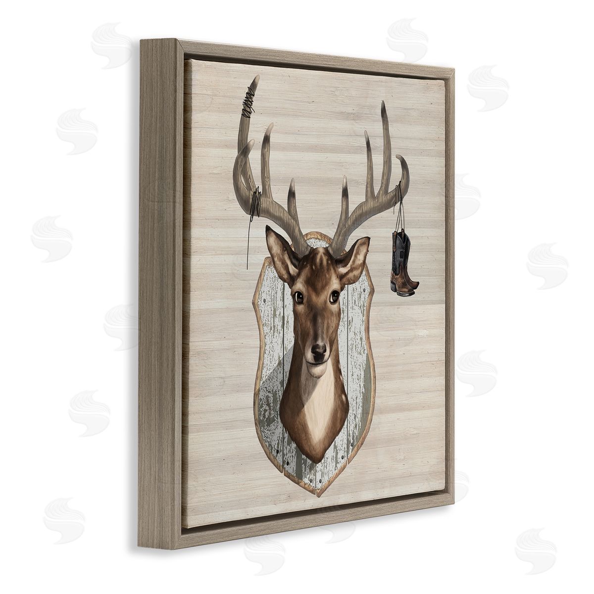 Lucca Sheppard Cowboy Boots Hanging Deer Antlers Brown Floating Frame Canvas Wall Art Print