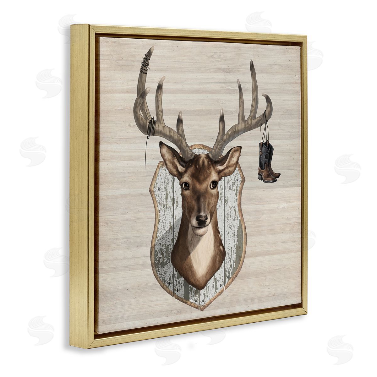 Lucca Sheppard Cowboy Boots Hanging Deer Antlers Gold Floating Frame Canvas Wall Art Print