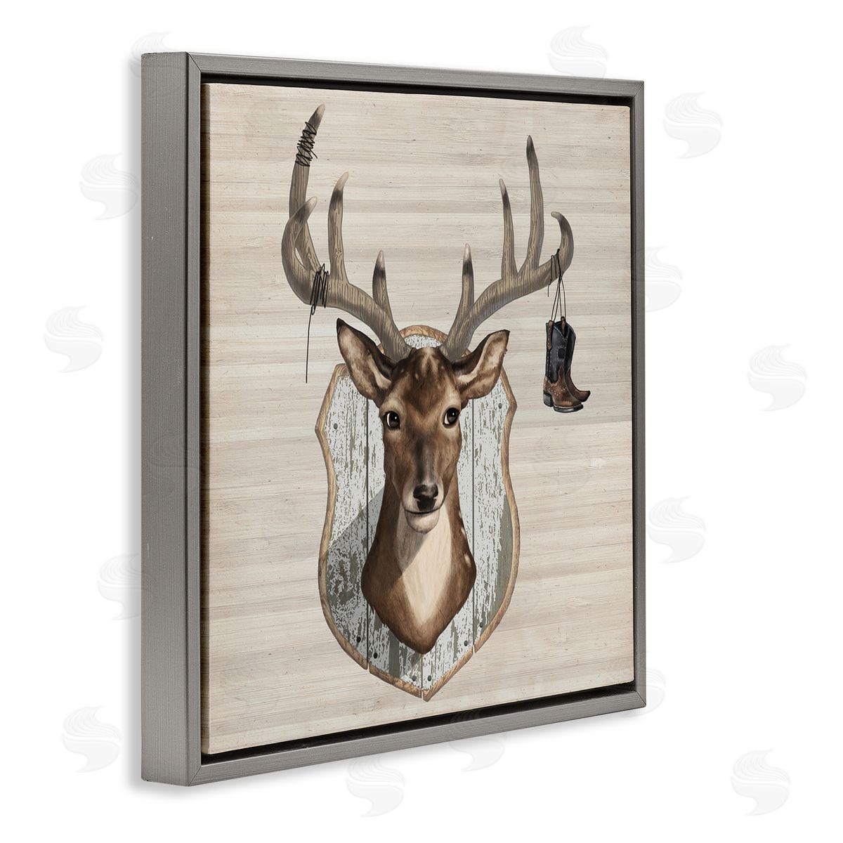 Lucca Sheppard Cowboy Boots Hanging Deer Antlers Gray Floating Frame Canvas Wall Art Print