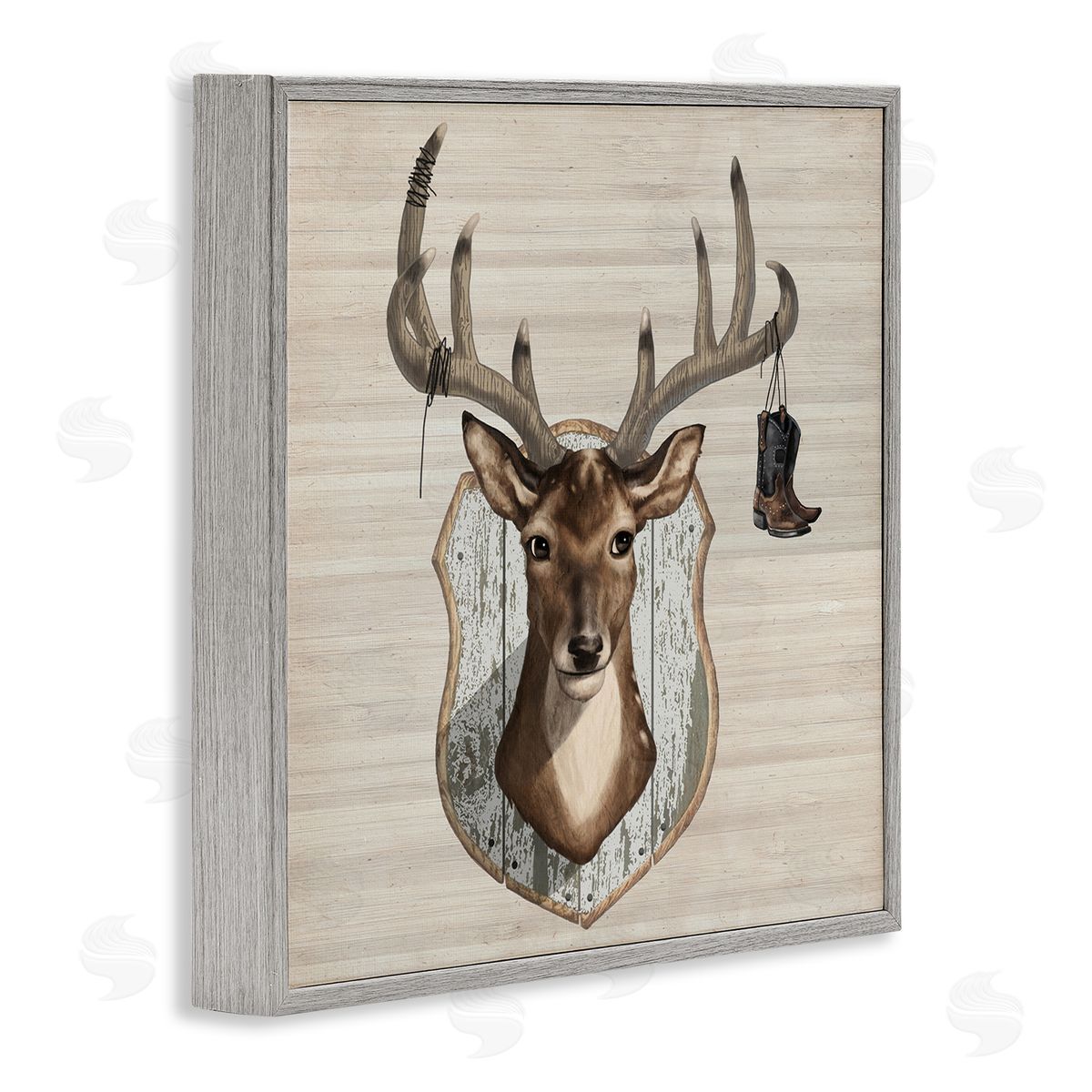 Lucca Sheppard Cowboy Boots Hanging Deer Antlers Gray Framed Glicee Wall Art Print