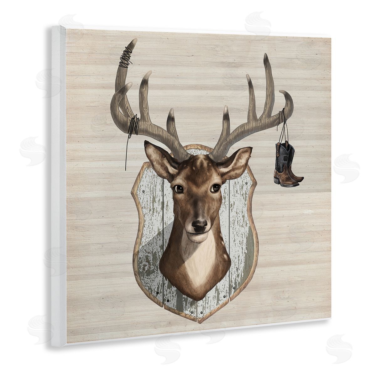 Lucca Sheppard Cowboy Boots Hanging Deer Antlers Wooden Wall Plaque Art Print