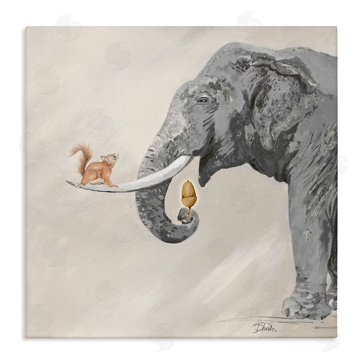 Patricia Pinto Fun Elephant And Squirrel Acorn Animals Stretched Canvas Wall Art Print