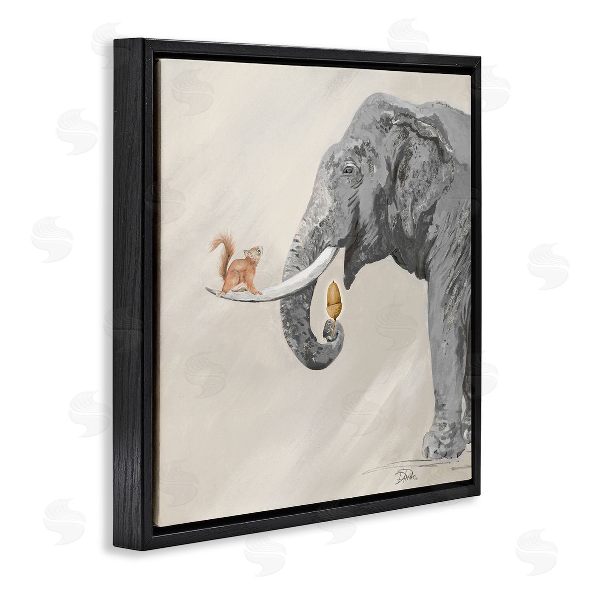 Patricia Pinto Fun Elephant And Squirrel Acorn Animals Black Floating Frame Canvas Wall Art Print