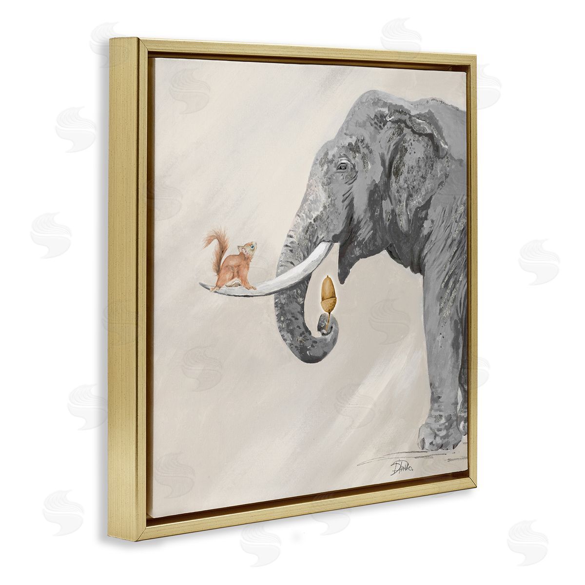 Patricia Pinto Fun Elephant And Squirrel Acorn Animals Gold Floating Frame Canvas Wall Art Print