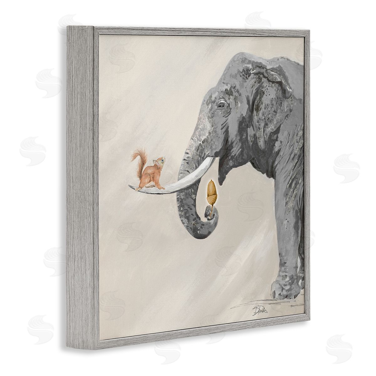 Patricia Pinto Fun Elephant And Squirrel Acorn Animals Gray Framed Glicee Wall Art Print