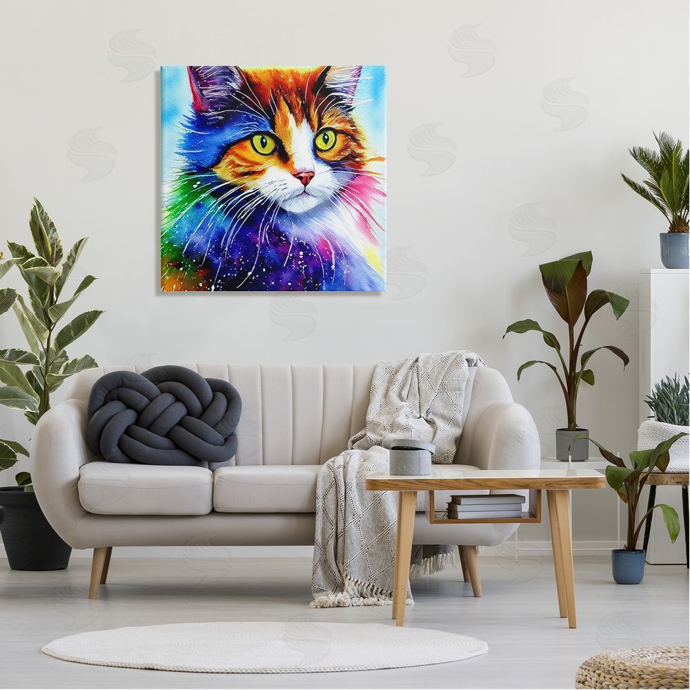 Denise Dundon Bold Rainbow Cat Face Portrait Canvas Wall Art in Room