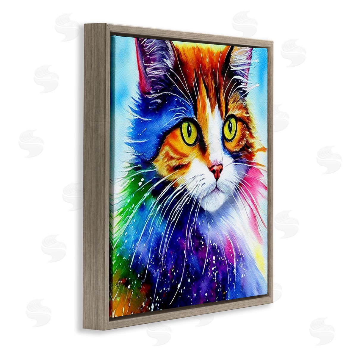 Denise Dundon Bold Rainbow Cat Face Portrait Brown Floating Frame Canvas Wall Art Print