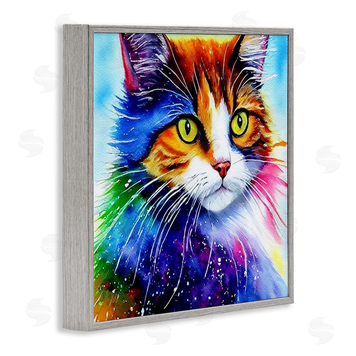 Denise Dundon Bold Rainbow Cat Face Portrait Gray Framed Glicee Wall Art Print