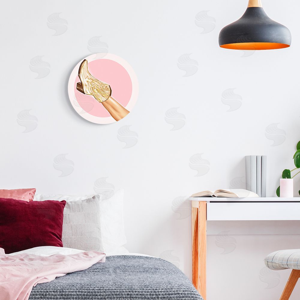 Ziwei Li Pink Cowgirl Boot Fashion Round Wall Plaque Art Print in Room