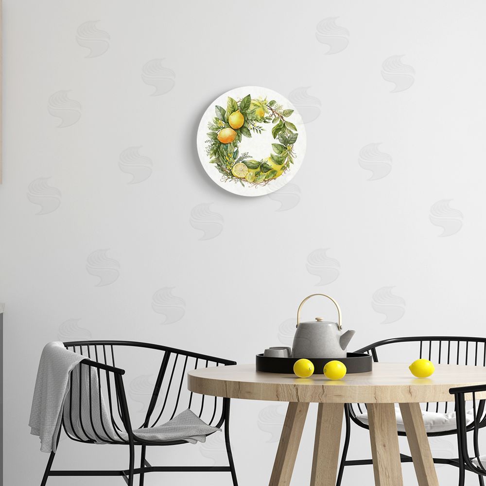 Ziwei Li Country Citrus Lemons Botanical Wreath Round Wall Plaque Art Print in Room