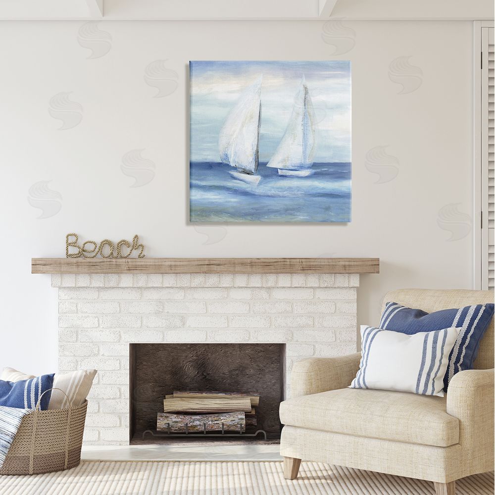 Marilyn Dunlap Two Sailboats Abstract Blue Scene Canvas Wall Art in Room