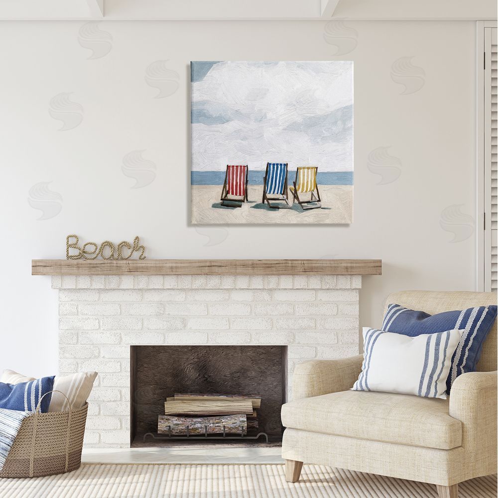 Emma Scarvey Beach Chairs Coastal Cloudy Shore Canvas Wall Art in Room
