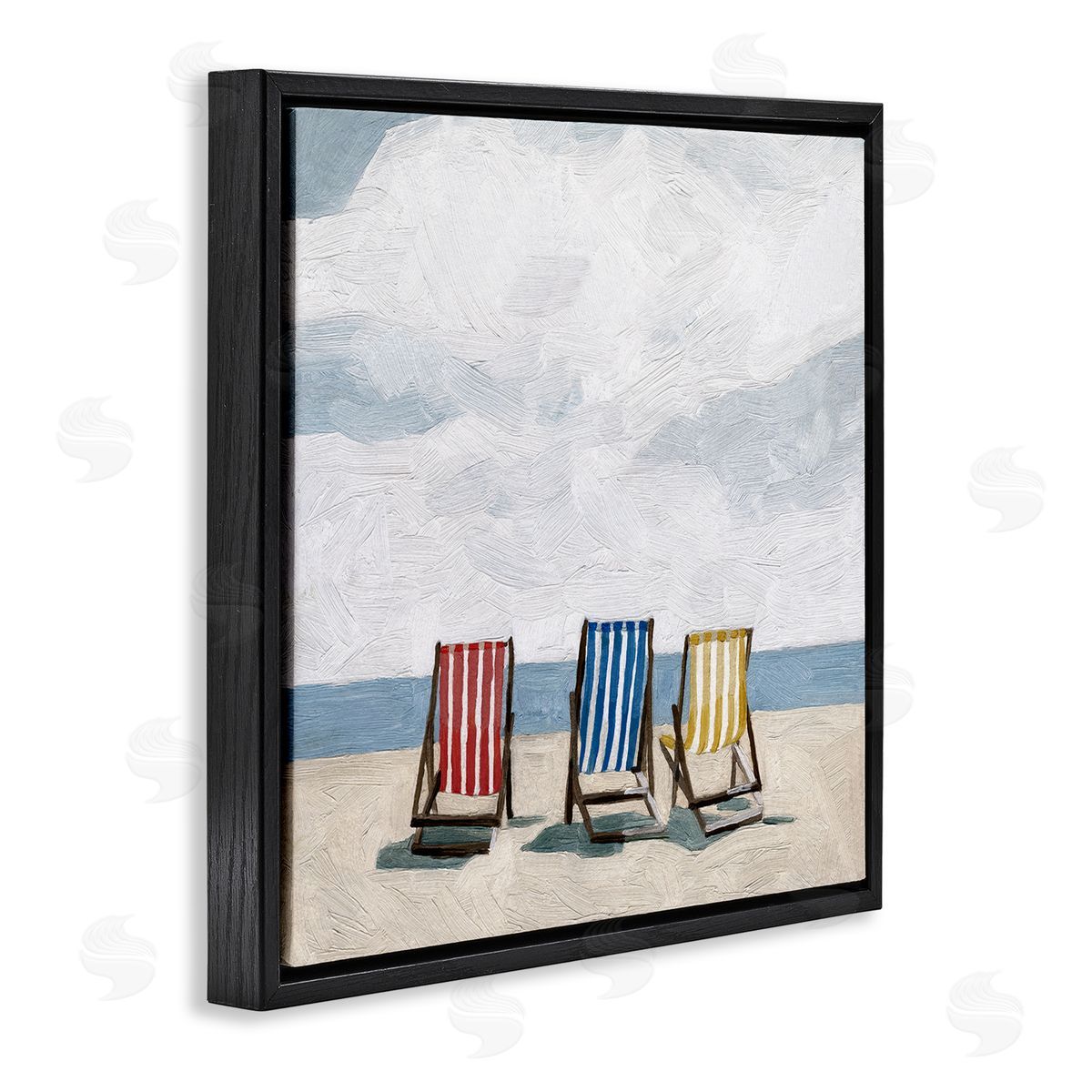 Emma Scarvey Beach Chairs Coastal Cloudy Shore Black Floating Frame Canvas Wall Art Print