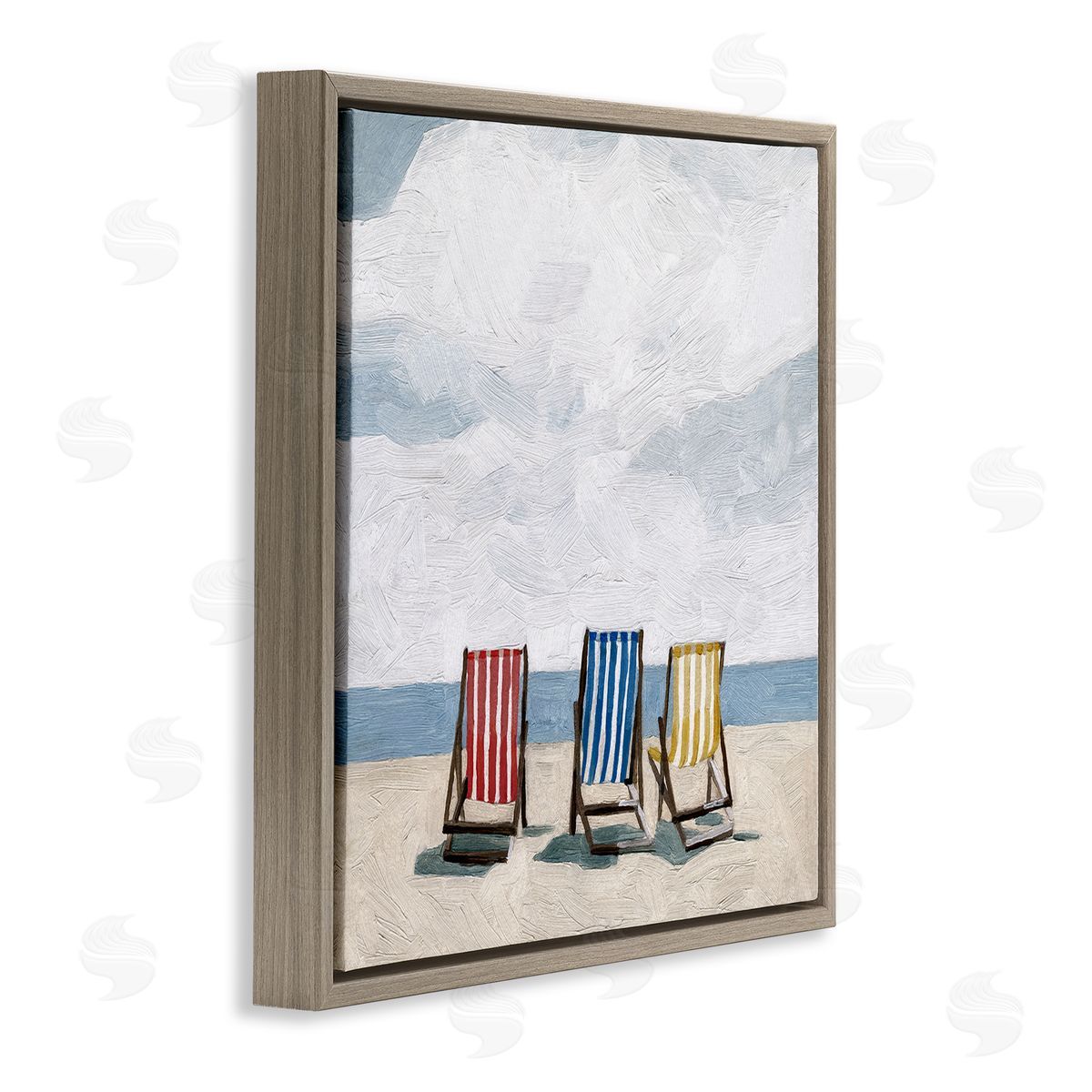 Emma Scarvey Beach Chairs Coastal Cloudy Shore Brown Floating Frame Canvas Wall Art Print