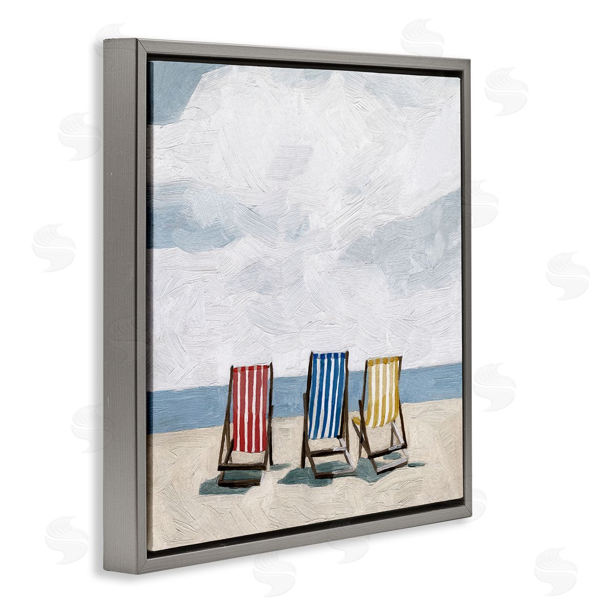 Emma Scarvey Beach Chairs Coastal Cloudy Shore Gray Floating Frame Canvas Wall Art Print
