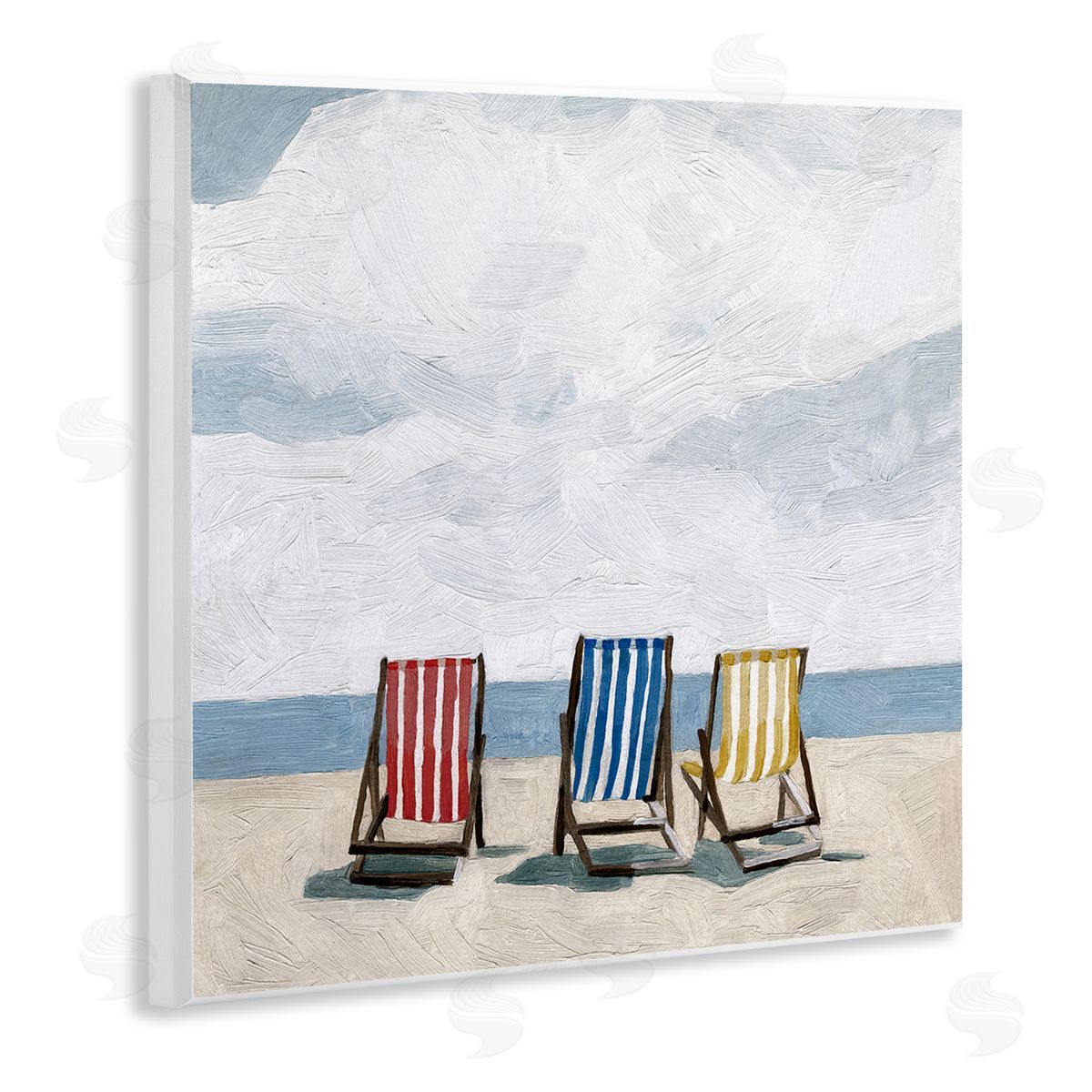 Emma Scarvey Beach Chairs Coastal Cloudy Shore Wooden Wall Plaque Art Print
