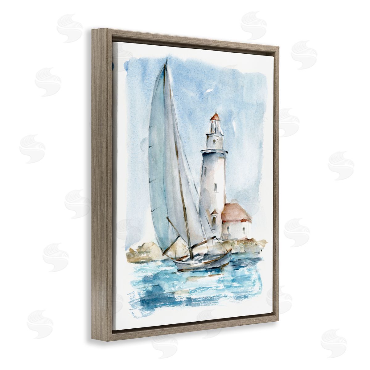 Nautical Sailboat & Lighthouse Brown Floating Frame Canvas Wall Art, Home Decor by Ethan Harper
