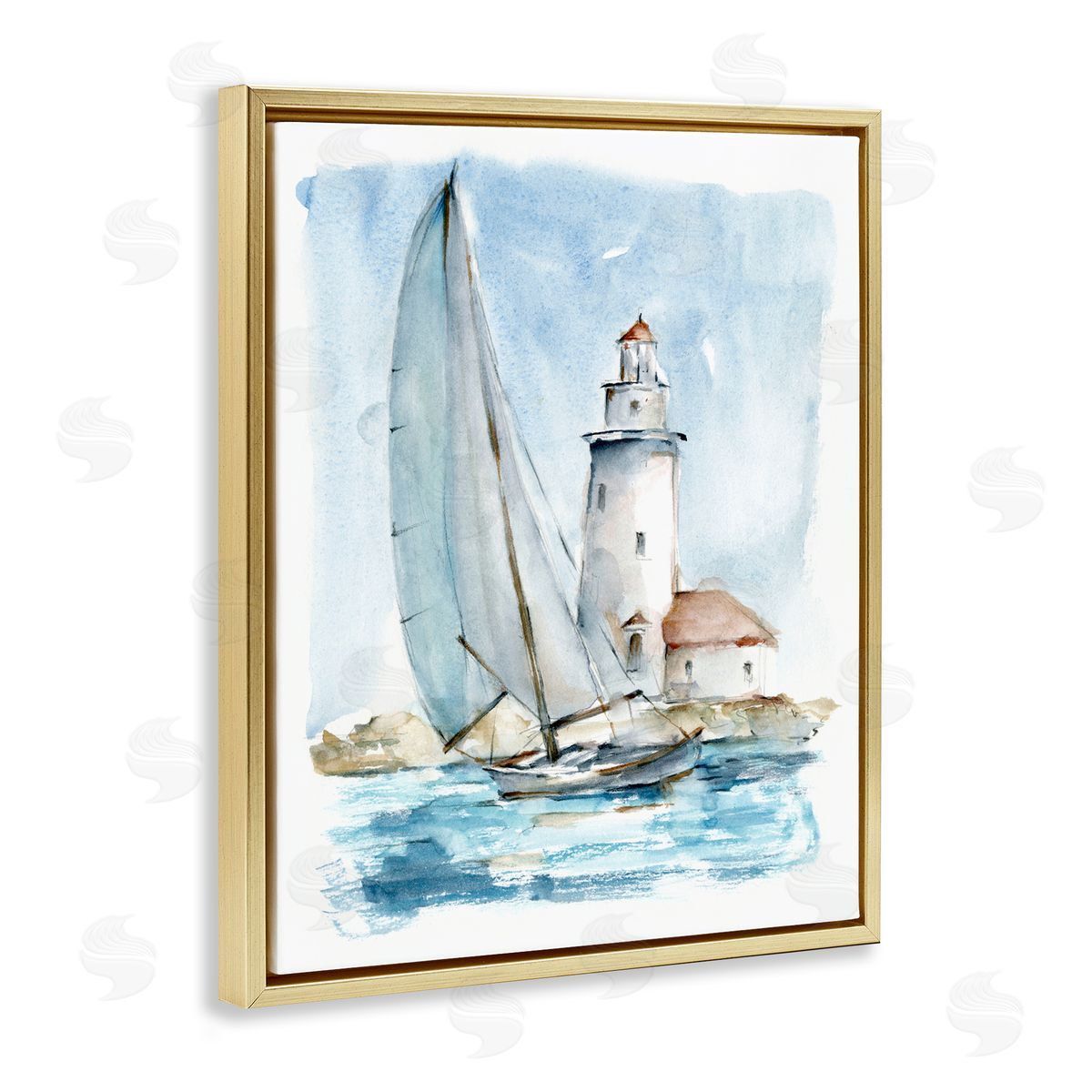 Nautical Sailboat & Lighthouse Gold Floating Frame Canvas Wall Art, Home Decor by Ethan Harper