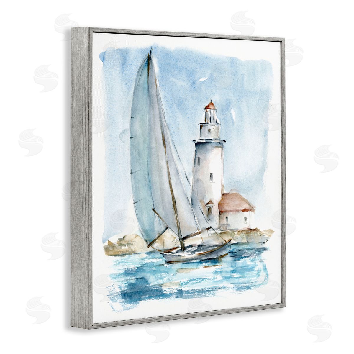 Nautical Sailboat & Lighthouse Grey Frame Print Wall Art, Home Decor by Ethan Harper