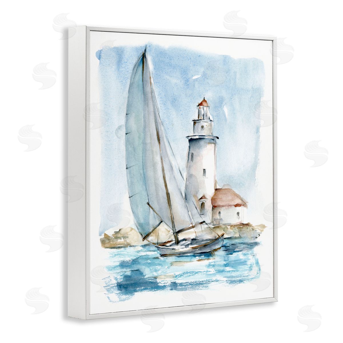 Nautical Sailboat & Lighthouse White Frame Print Wall Art, Home Decor by Ethan Harper