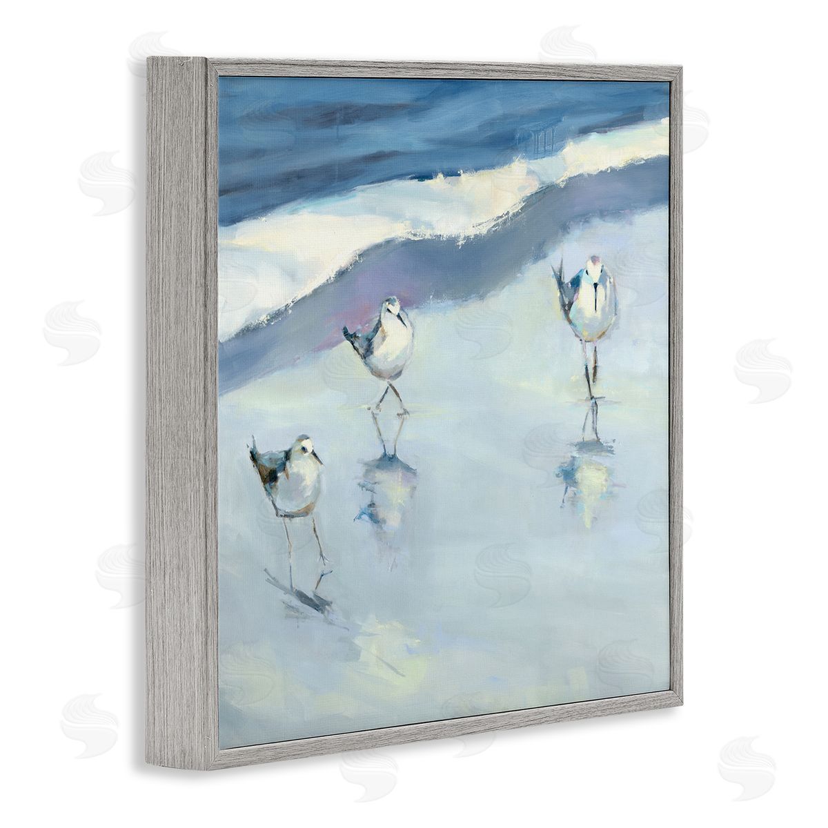 Kathleen Broaderick Blue Abstract Sandpipers Painting Gray Framed Glicee Wall Art Print