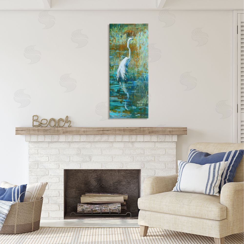 Kathleen Broaderick Egret Bird Swimming Pond Nature  Canvas Wall Art in Room