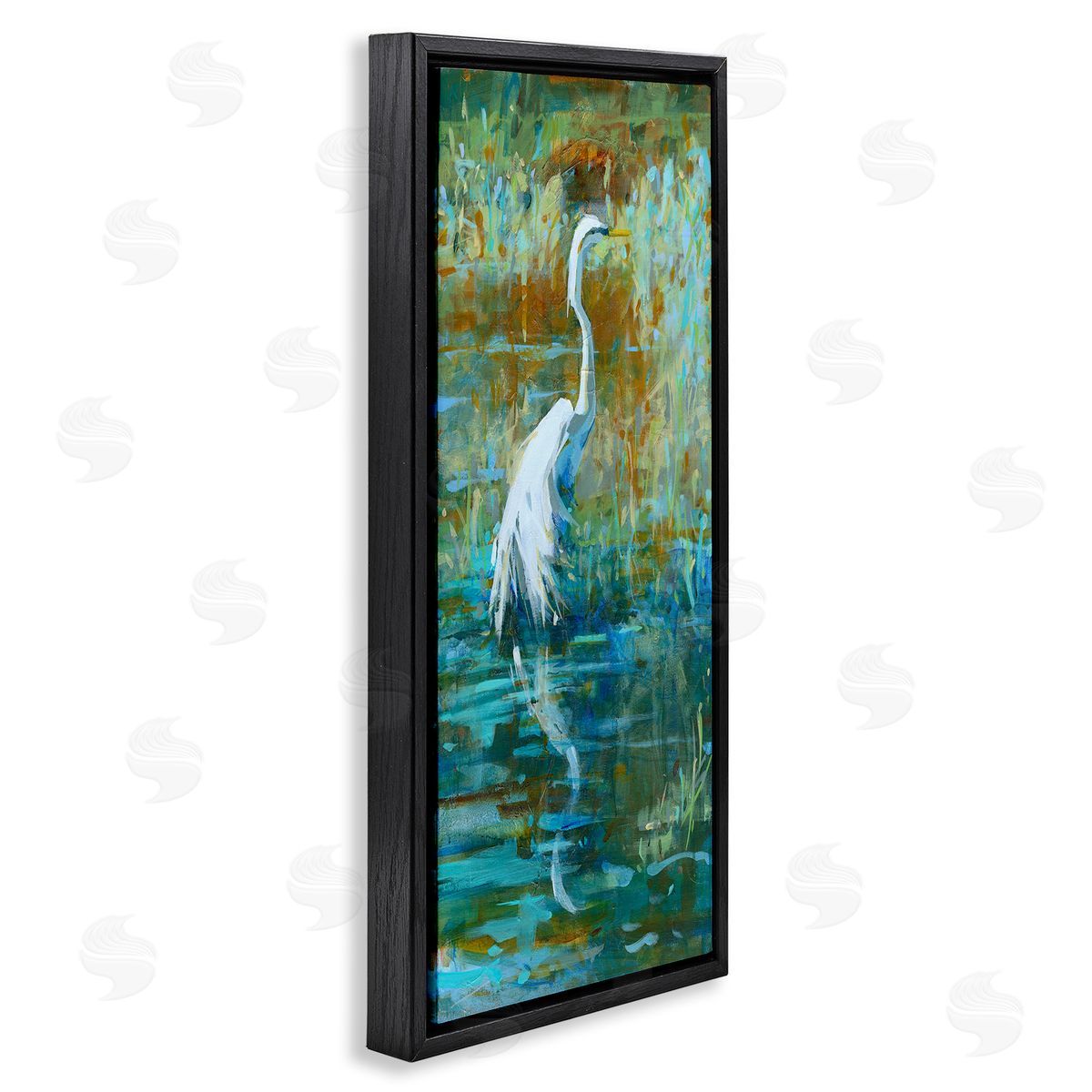 Kathleen Broaderick Egret Bird Swimming Pond Nature  Black Floating Frame Canvas Wall Art Print