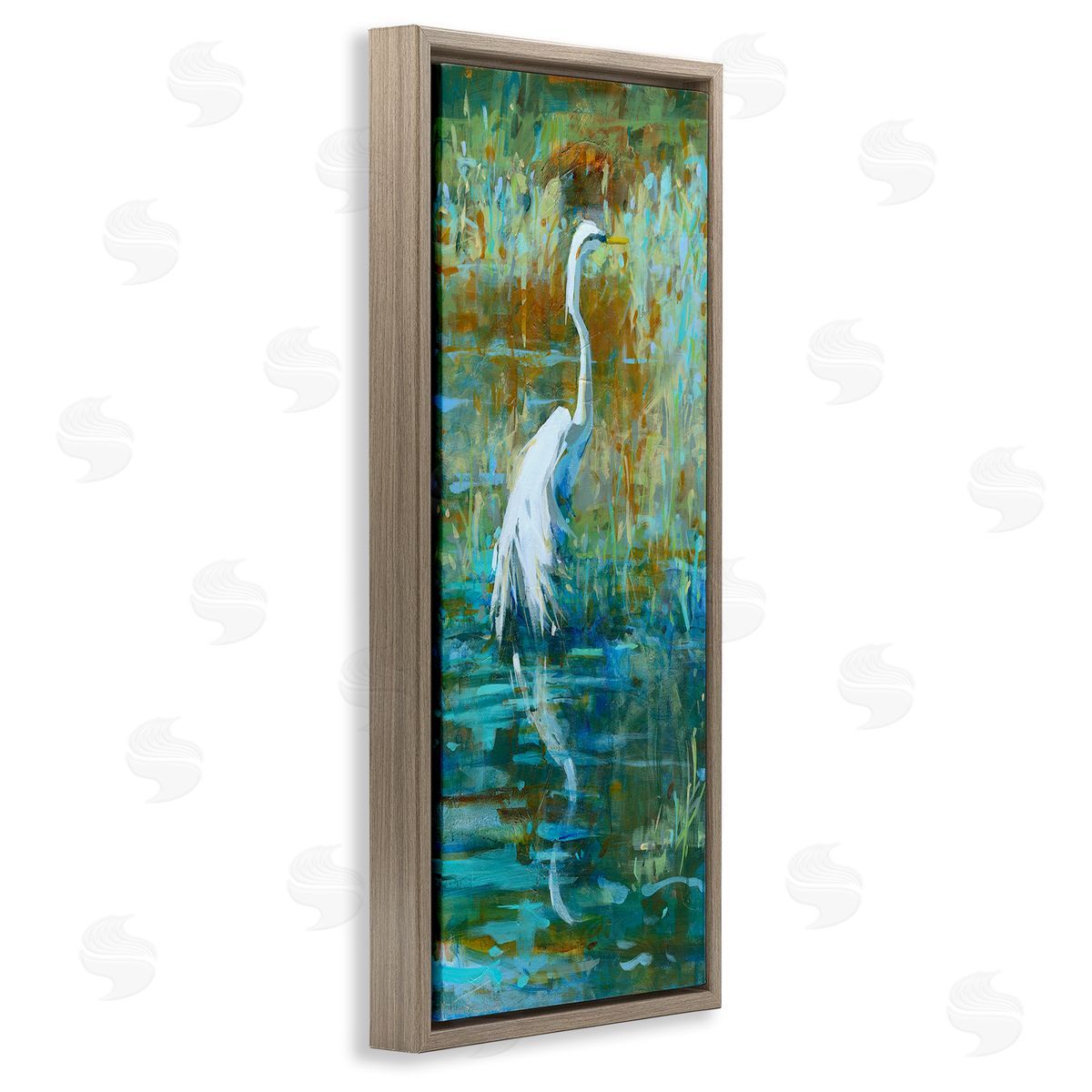 Kathleen Broaderick Egret Bird Swimming Pond Nature  Brown Floating Frame Canvas Wall Art Print