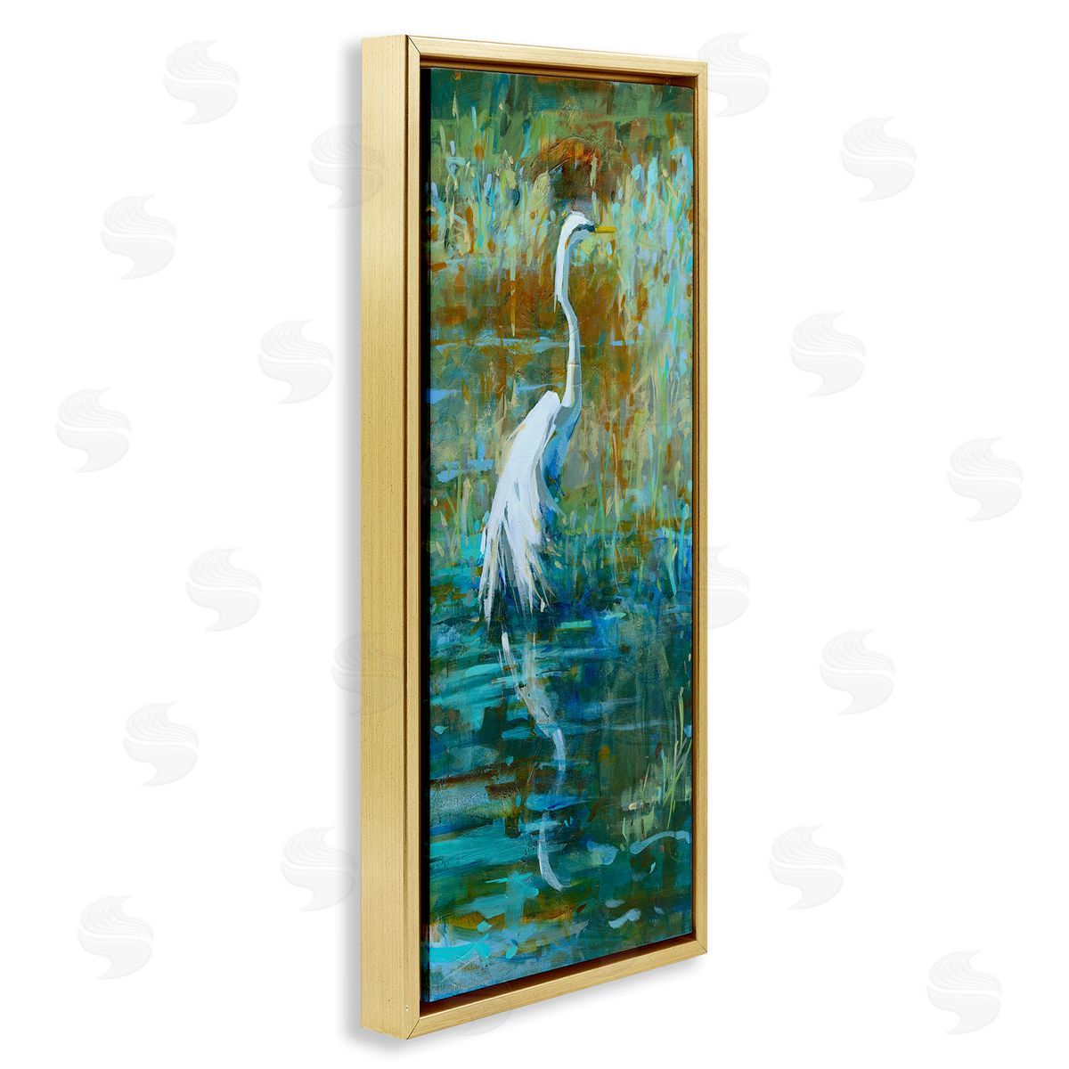 Kathleen Broaderick Egret Bird Swimming Pond Nature  Gold Floating Frame Canvas Wall Art Print