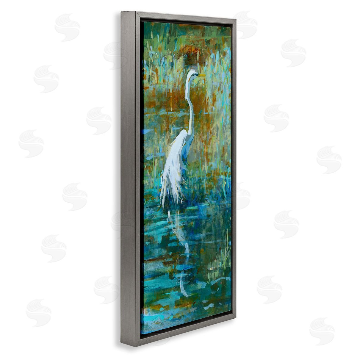 Kathleen Broaderick Egret Bird Swimming Pond Nature  Gray Floating Frame Canvas Wall Art Print