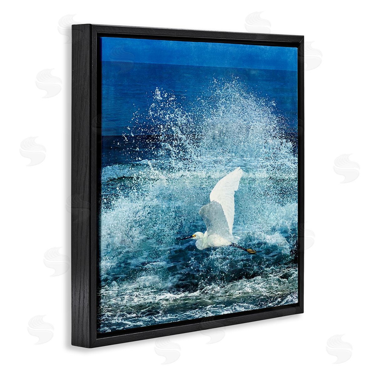 Christine Zalewski Egret Flying Waves Splashing Black Floating Frame Canvas Wall Art Print