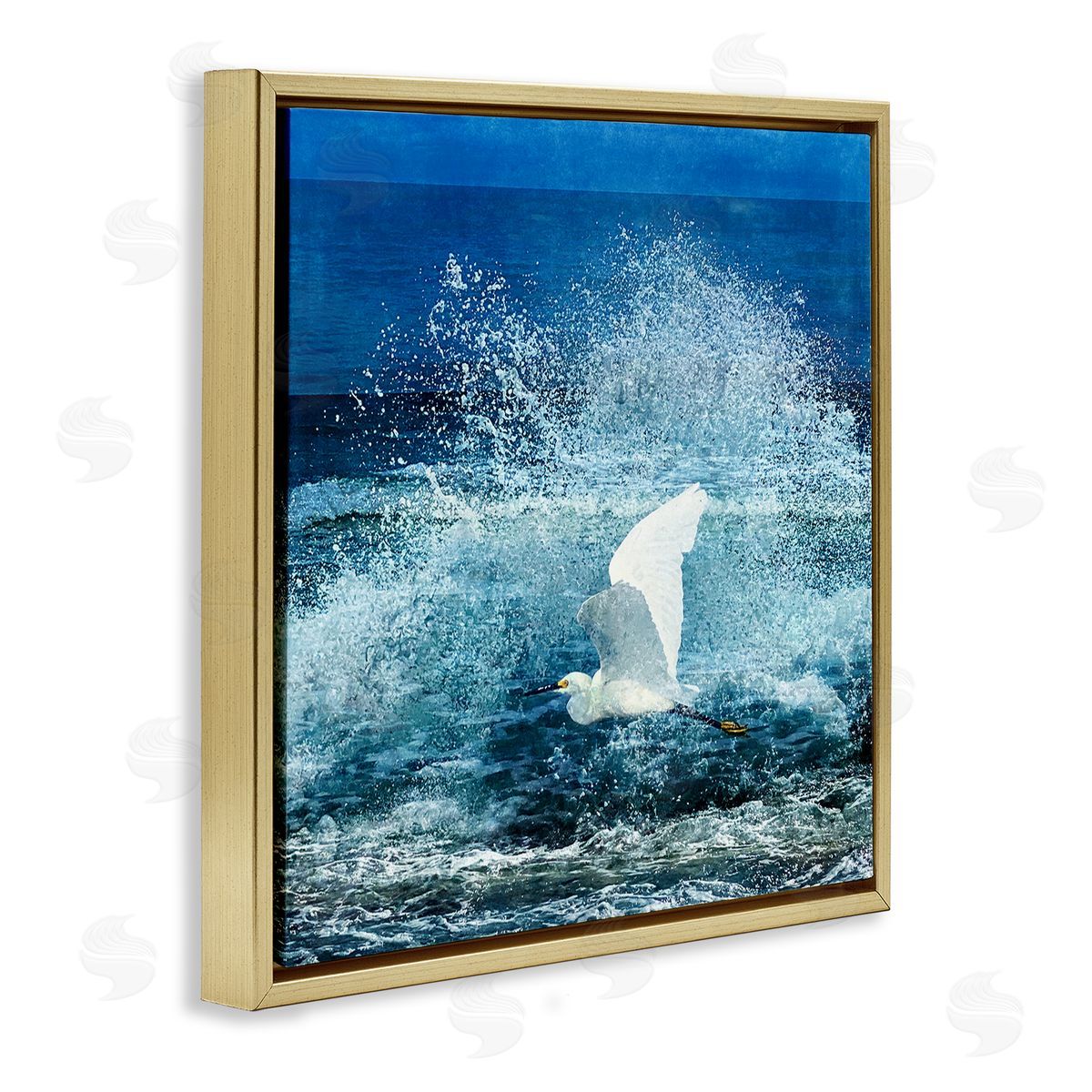 Christine Zalewski Egret Flying Waves Splashing Gold Floating Frame Canvas Wall Art Print