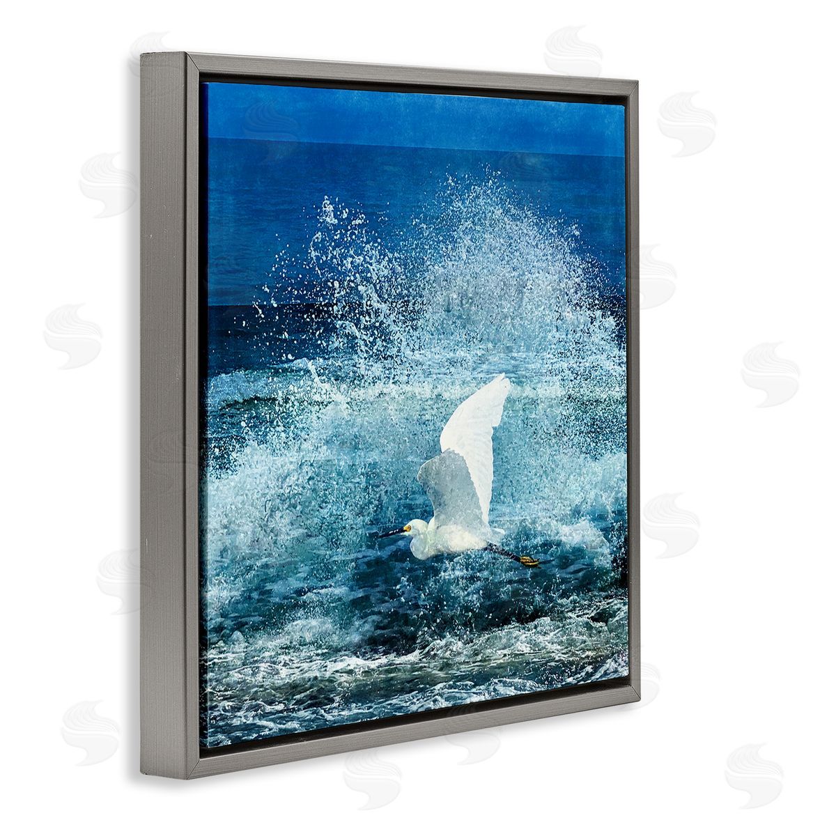 Christine Zalewski Egret Flying Waves Splashing Gray Floating Frame Canvas Wall Art Print