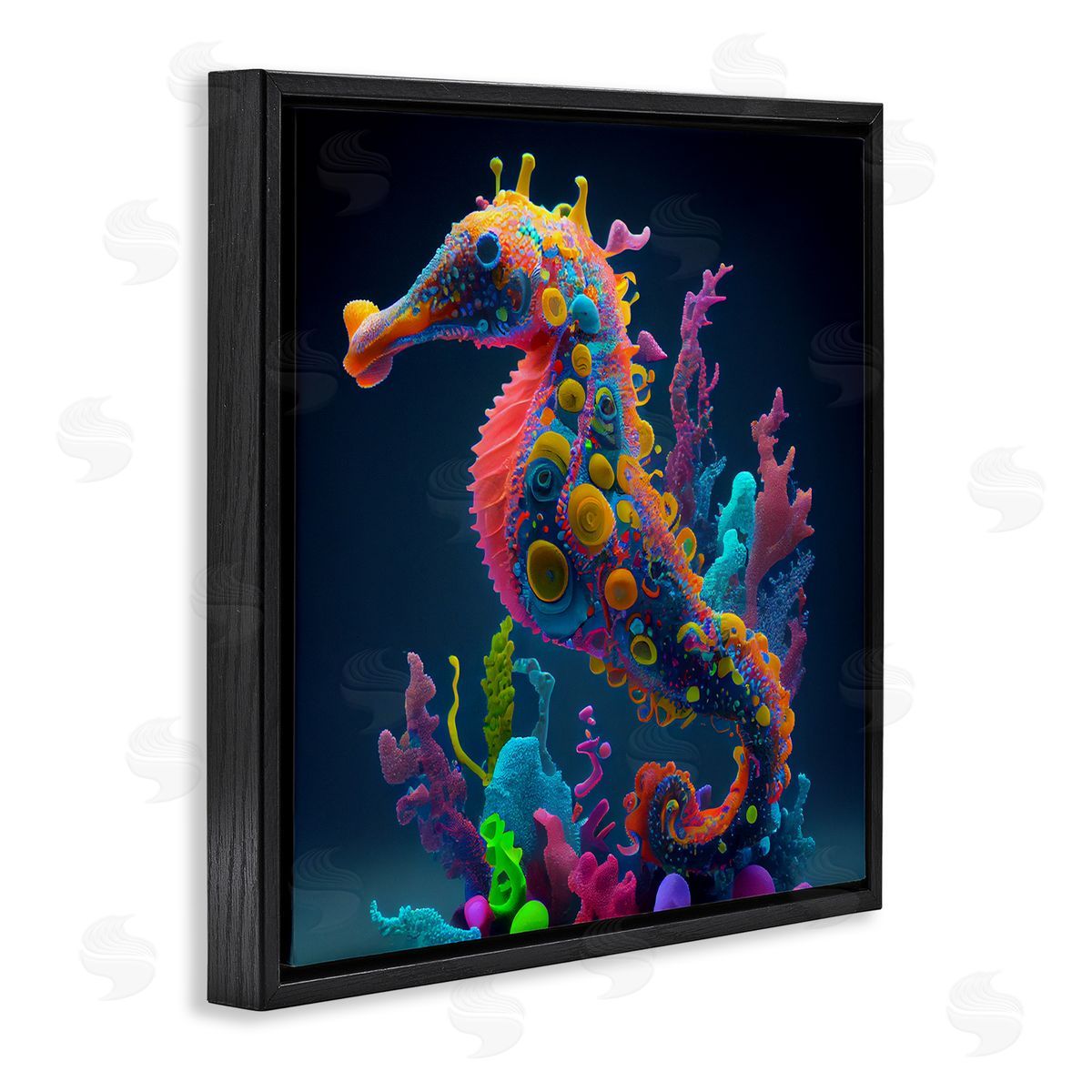 CyberGeek Design Abstract Seahorse Vivid Hues Black Floating Frame Canvas Wall Art Print