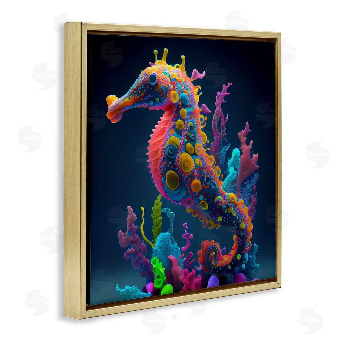 CyberGeek Design Abstract Seahorse Vivid Hues Gold Floating Frame Canvas Wall Art Print