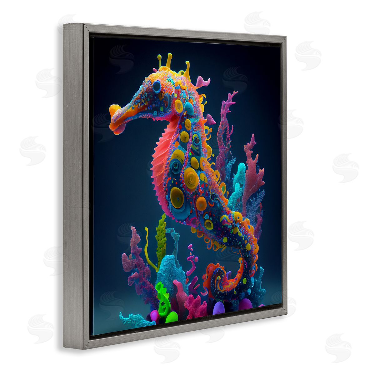 CyberGeek Design Abstract Seahorse Vivid Hues Gray Floating Frame Canvas Wall Art Print