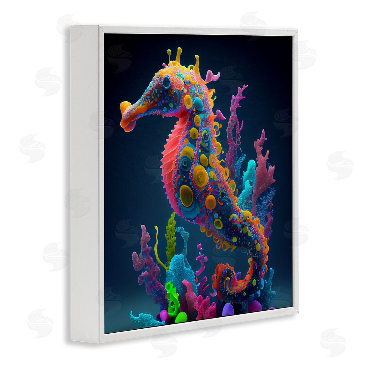 CyberGeek Design Abstract Seahorse Vivid Hues White Framed Glicee Wall Art Print