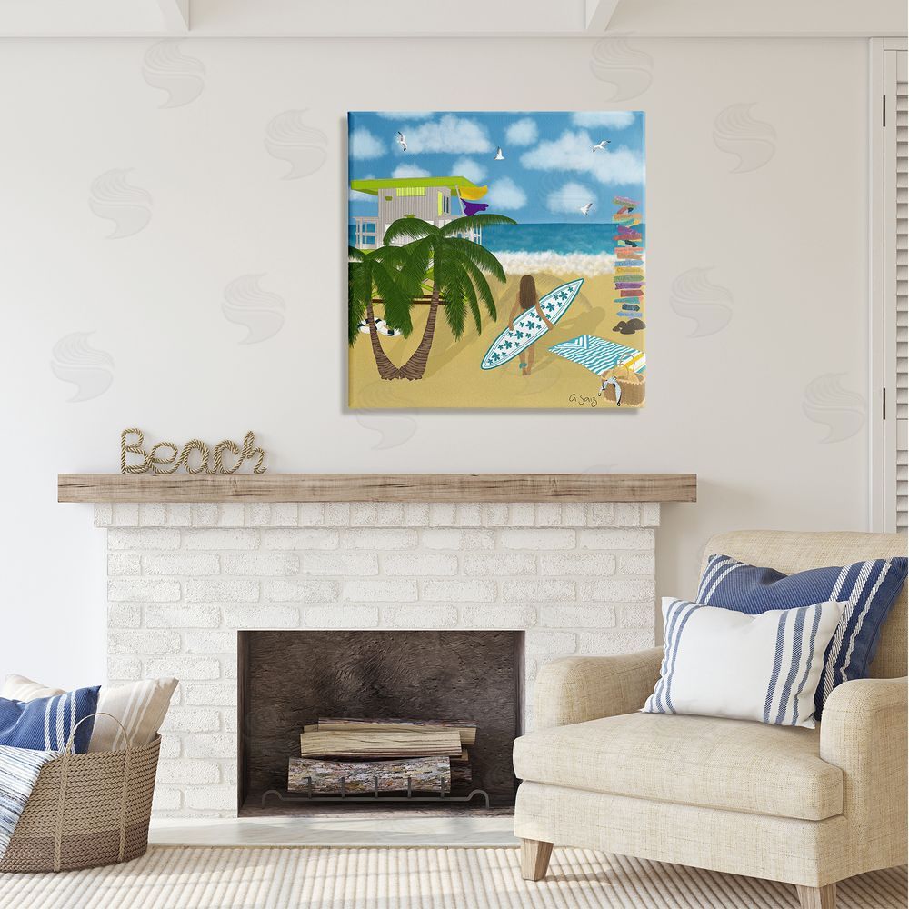 Ale Saiz Studio Surfer Girl Walking Tropical Beach Canvas Wall Art in Room