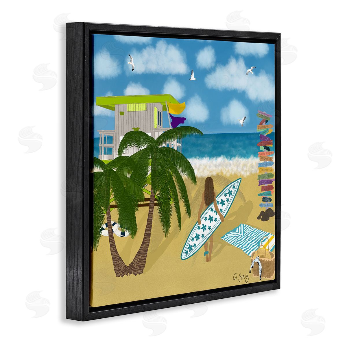 Ale Saiz Studio Surfer Girl Walking Tropical Beach Black Floating Frame Canvas Wall Art Print