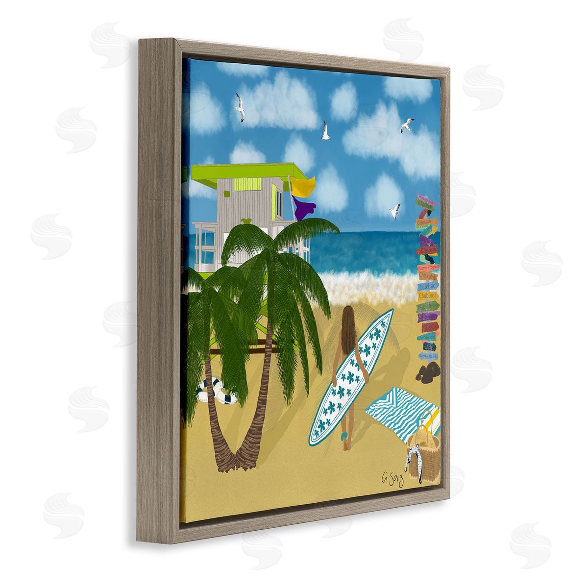 Ale Saiz Studio Surfer Girl Walking Tropical Beach Brown Floating Frame Canvas Wall Art Print