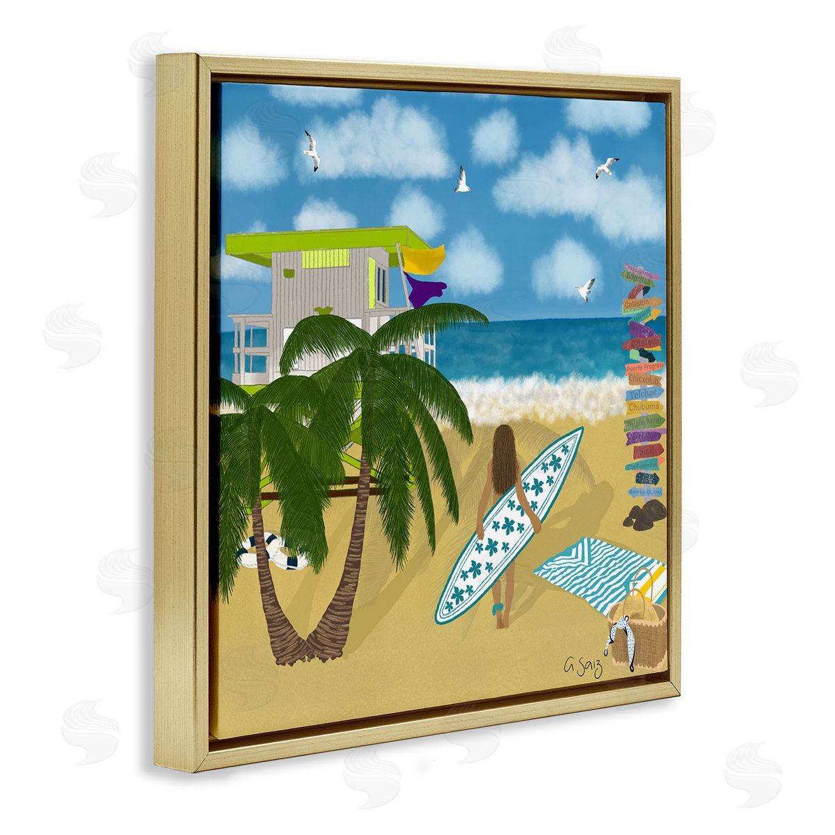 Ale Saiz Studio Surfer Girl Walking Tropical Beach Gold Floating Frame Canvas Wall Art Print