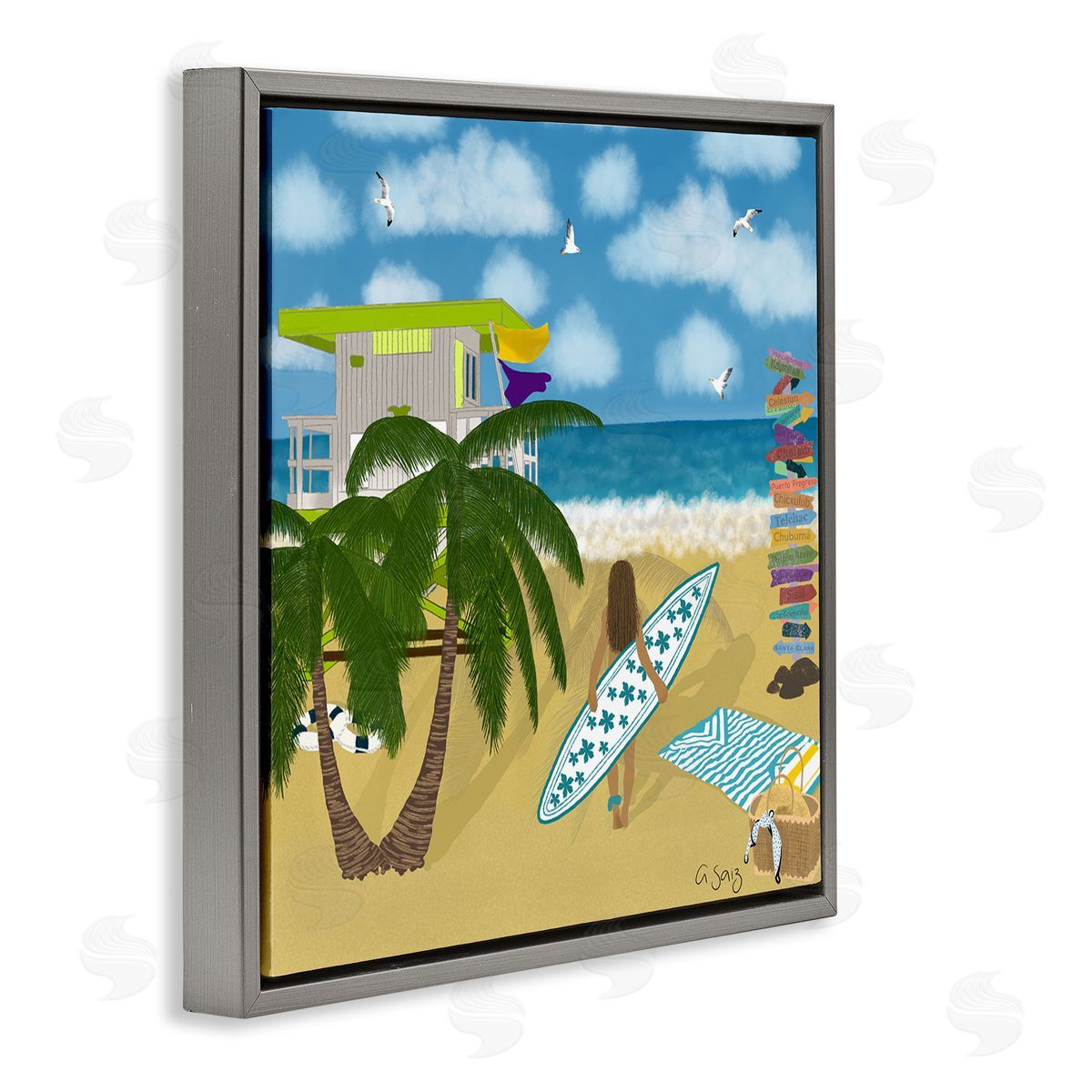 Ale Saiz Studio Surfer Girl Walking Tropical Beach Gray Floating Frame Canvas Wall Art Print